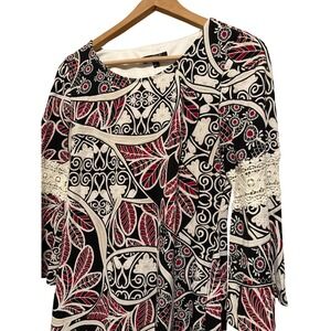 Glamour Women Print Long Sleeve Lace Trim Shift Dress Size 8